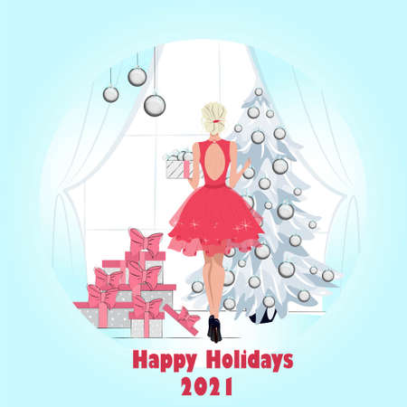 Christmas cards with beautiful girls in the style of fashion illustration, girl decorates the Christmas tree, Merry Christmas, vector illustration in flat style.のイラスト素材