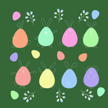 Easter colored hares in the shape of eggs, festive cute bunnies in different poses, vector...