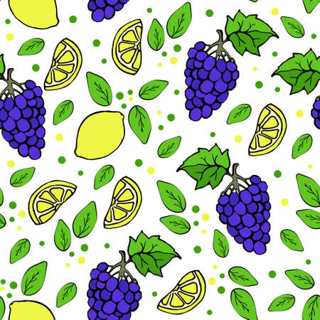 Seamless pattern of vector fruits in doodle style. Tropical and garden fruits. Pineapple banana lemon watermelon grape cherry and pear ripe summer vitamins. Fruit pattern.のイラスト素材