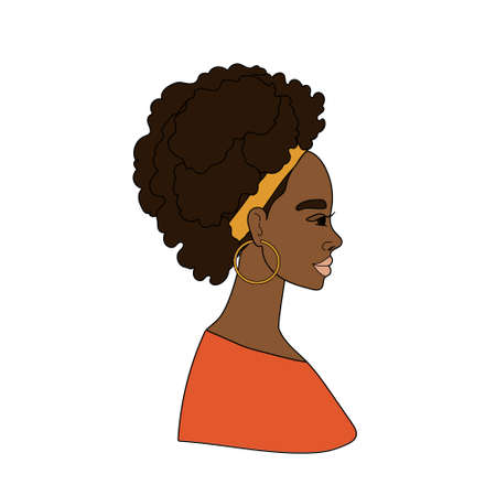 Profile of a black girl with lush curly hair, cute pretty black woman, Afro, Avatar for a girl, young woman, vector image on a white background, doodle style, hand draw.のイラスト素材