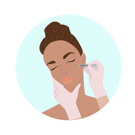 Body and face care treatments, female face, facial massage and rejuvenating masks, injections of youth and beauty, vector flat illustration, Icons for spa salons.のイラスト素材