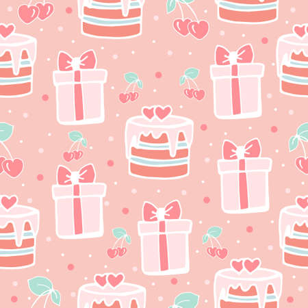 Seamless pattern with cakes and gift boxes, cute girl pattern in pink, cakes and gifts, vector print doodle style.のイラスト素材