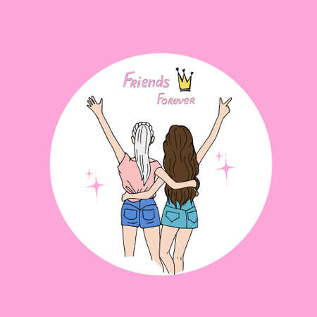 Blonde and brunette hugging, happy to see you, Rear view, Hand gestures, Stylish chicks, Two girlfriends, Sister's day card, Young pretty women, Vector illustration of hand draw, Doodle styleのイラスト素材