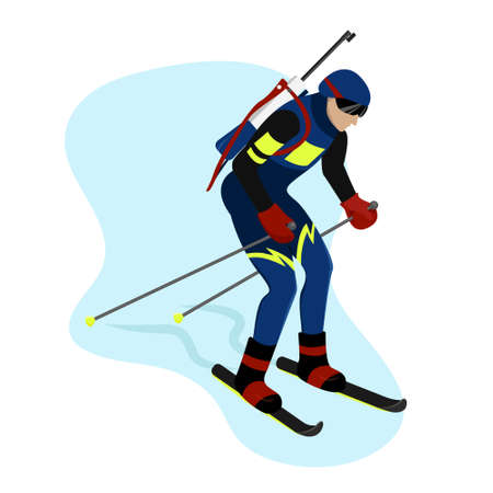 Biathlete in gear goes skiing and helping himself with sticks,vector character in flat styleのイラスト素材