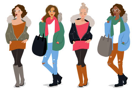 Cute female characters in autumn and winter clothes, 4 fashionable girls fashion illustration, Vector in iflet styleのイラスト素材