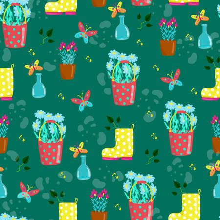Seamless pattern with yellow boots and different flowers in pots, cute baby print, floral spring pattern in cartoon styl, hand draw, daisies in red bucket, vector.のイラスト素材