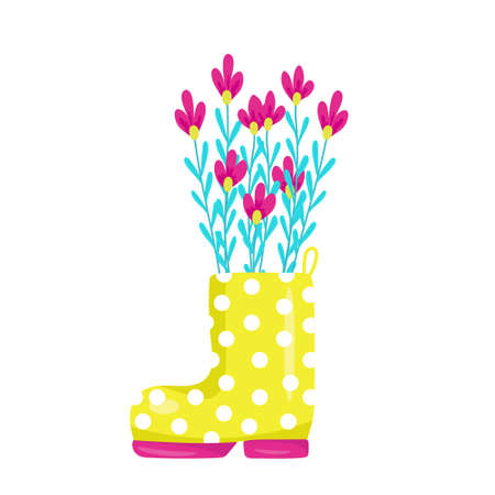 Cute spring flowers in yellow rubber boots, design and decor element, spring composition, vector illustration in cartoon style, hand drawのイラスト素材