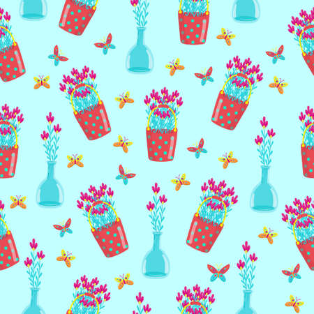 Seamless pattern with different flowers in pots, cute baby print, floral spring pattern in cartoon styl, hand draw, daisies in red bucket, vector.のイラスト素材