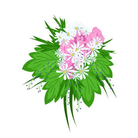 Big lush bouquet of daisies decorated with green tropical leaves, beautiful flowers as a gift, floral arrangement in flat style, vectorのイラスト素材