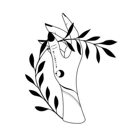 Hand drawn hand with Magic Symbols, Magic astrological symbols vector illustrations. Can use Tattoo design, mystic esoteric symbol.のイラスト素材