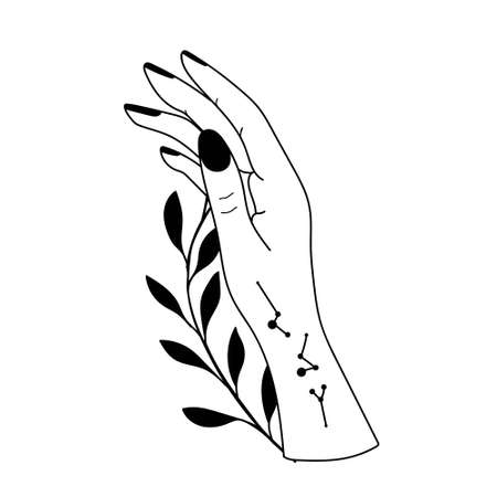 Hand drawn hand with Magic Symbols, Magic astrological symbols vector illustrations. Can use Tattoo design, mystic esoteric symbol.のイラスト素材