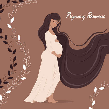 Happy pregnant woman holding her belly,Type of resources for pregnancy,Slim pregnant women, Flat cartoon vector illustration.のイラスト素材