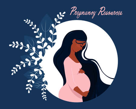 Happy pregnant woman holding her belly, Cartoon healthy mother with long hair holds her hands on her...