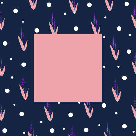 Floral frame template for photos, posters and banners, lavender flowers in pink and purple tones and white polka dots, hand draw styleのイラスト素材