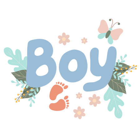 Lettering Boy decorated with twigs and leaves of flowers, Blue letters, Cute inscription for a newborn boy, Vector objects in doodle styleのイラスト素材