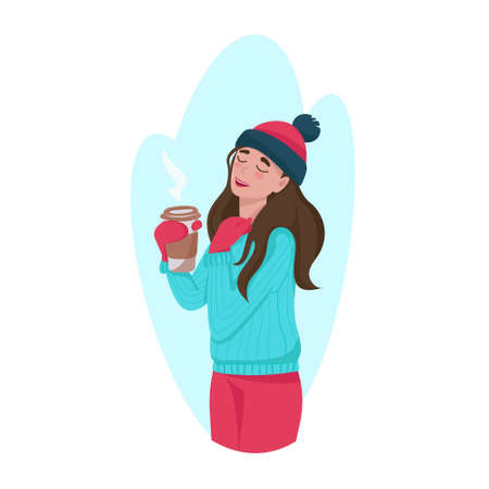 Happy girl in a winter hat and mittens holding coffee and enjoying life, winter character, vector illustration on a white background in flat style, isolateのイラスト素材