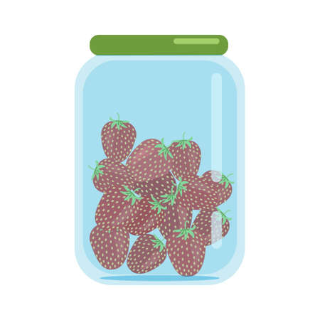 Glass jar closed with a lid filled with dried strawberries, blanks of dried fruits, vector illustration in flat style, isolate, cartoonのイラスト素材