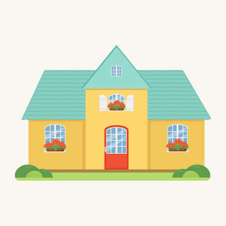 Family house in flat style, yellow house with turquoise roof, red flowers on the windowsillのイラスト素材