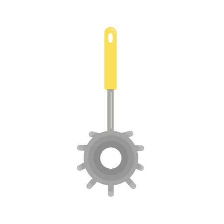 Metal kitchen skimmer with plastic yellow handle, kitchen utensils, vector object in flat style, isolateのイラスト素材