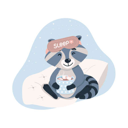 Conute racco with a mask for sleep holding a mug of cocoa, Animals for decorating a Childs room, vector illustration in flat styleのイラスト素材