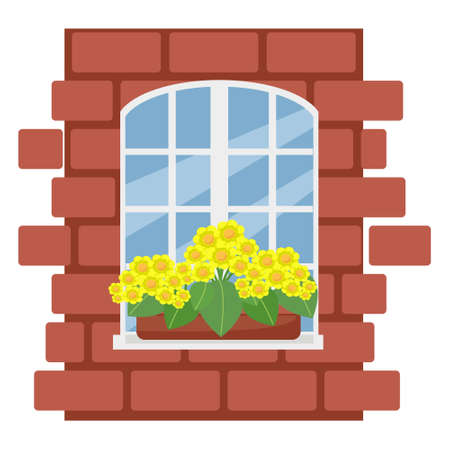 Box with flowers on the window, brick wall with white window, vector illustration in flat style, cartoon, isolatedのイラスト素材