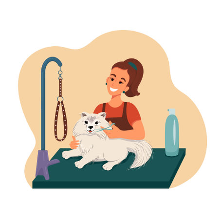 Grooming for pets, girl cuts the dog on the table, vector illustration in flat style, cartoonのイラスト素材