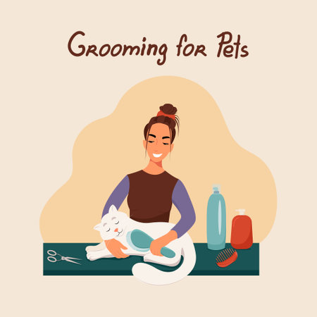 Grooming for pets, girl combs a cat, vector illustration in flat styl.のイラスト素材