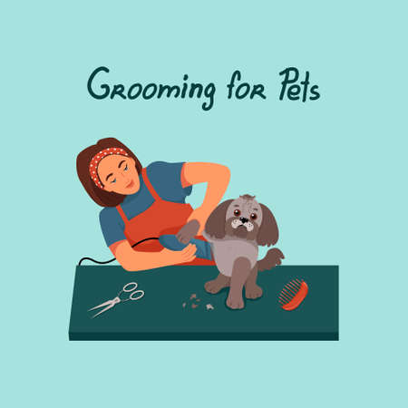 Grooming for pets, girl shears a dog, vector illustration in flat style, cartoonのイラスト素材