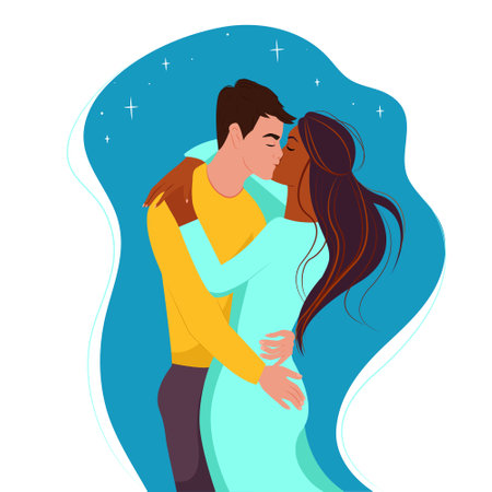 Multiracial couple, white guy kisses a black girl. Two lovers, vector illustration in flat style, cartoonのイラスト素材