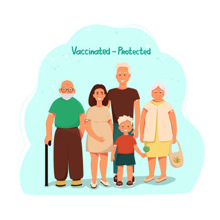 Family after vaccination, Vaccinated - Protected. Vector cartoon characters. Flat illustrationのイラスト素材