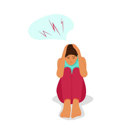 Woman grabbed her head, severe headache. The upset girl hugged her knees and head with her hands. Vector flat illustrationのイラスト素材