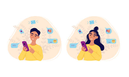 Girl and boy holding smartphone reads message set, web communication, vector illustration of...