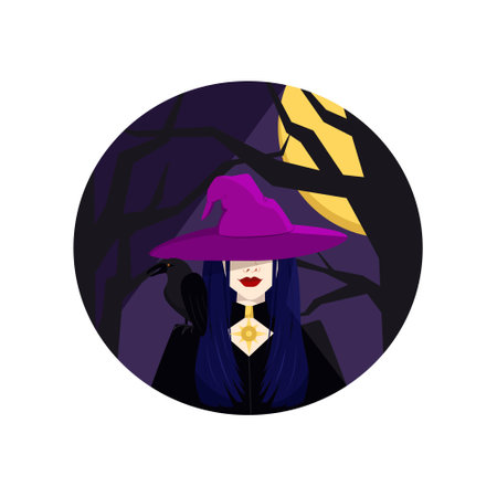 Witch with a crow on his shoulder, Halloween holiday of the dead and ghosts. Vector illustration in flat styleのイラスト素材