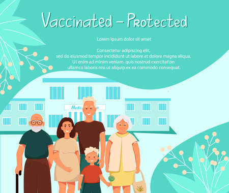 Vaccination whole family banner template in flat style. Satisfied people after vaccination. Vector illustrationのイラスト素材