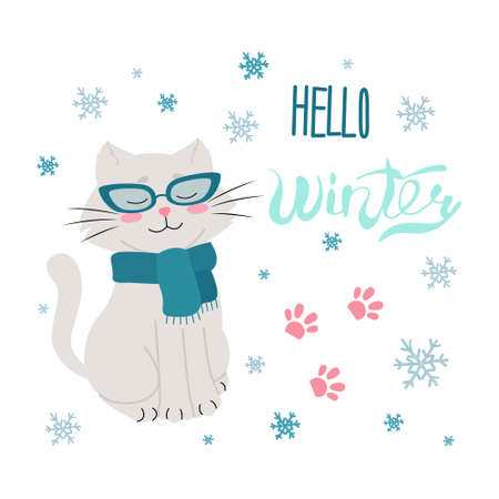 Cat in glasses with a scarf, Handwritten Hello winter, Lettering. Vector illustration in flat style. snowflakes.のイラスト素材