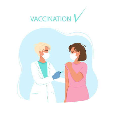 Doctor vaccinates a woman. Vaccination against virus. Vector illustration in flat styleのイラスト素材