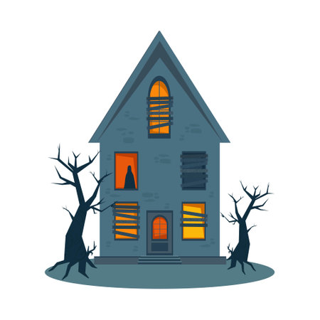 Scary haunted house and broken windows, Halloween horror house. Vector illustration in flat styleのイラスト素材