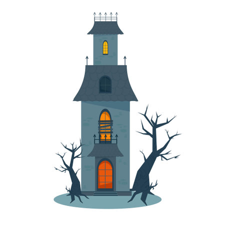 Scary haunted house and broken windows, Halloween horror house. Vector illustration in flat styleのイラスト素材