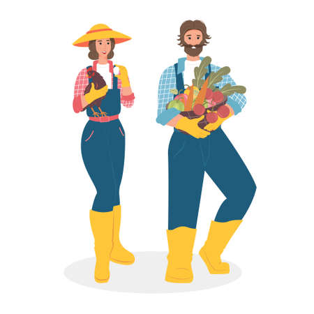 Flat people from the village. Woman and man farmers. Vector charactersのイラスト素材