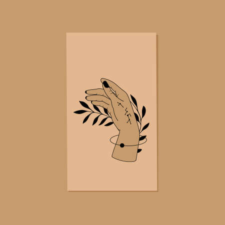 Alchemy esoteric magic celestial talisman on woman hands, sun, moon, stars sacred geometry isolated. Vector illustrations in black outline styleのイラスト素材
