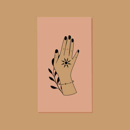 Alchemy esoteric magic celestial talisman on woman hands, sun, moon, stars sacred geometry isolated. Vector illustrations in black outline styleのイラスト素材