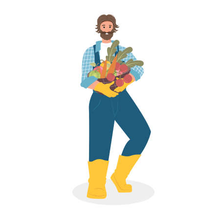 Flat people from the village. Male farmer in work clothes with a basket of vegetables in his hands. Vector charactersのイラスト素材