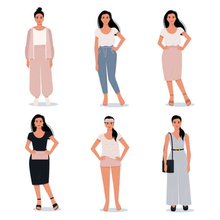 Modern woman in different images, set of vector female characters in flat styleのイラスト素材