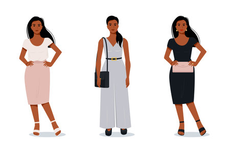 Stylish modern afro woman in flat style. Vector female characters in different clothes. Evening outfit. Office suitのイラスト素材