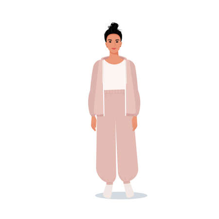 Young woman with a bunch on her head in a sports suit. Vector female character in flat styleのイラスト素材