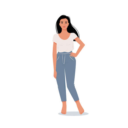 Modern woman with long dark hair in jeans and t-shirt. Vector female character in flat styleのイラスト素材