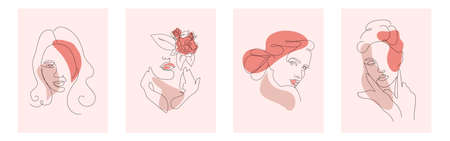 Female linear art portraits set. beauty salons, abstract vector portraits of womenのイラスト素材