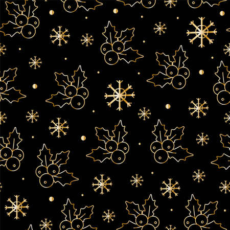 Christmas seamless patterns, prints with gold elements. Vector patterns. Golden objects on a dark backgroundのイラスト素材