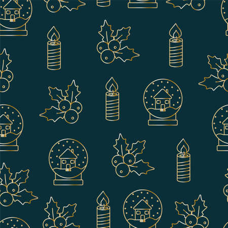 Christmas seamless patterns, prints with gold elements. Vector patterns. Golden objects on a dark backgroundのイラスト素材
