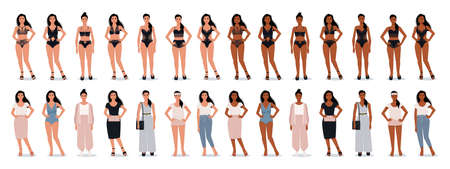 Large collection of women in clothes and underwear. Different skin colors. Fashionable modern girl. Vector flat style charactersのイラスト素材